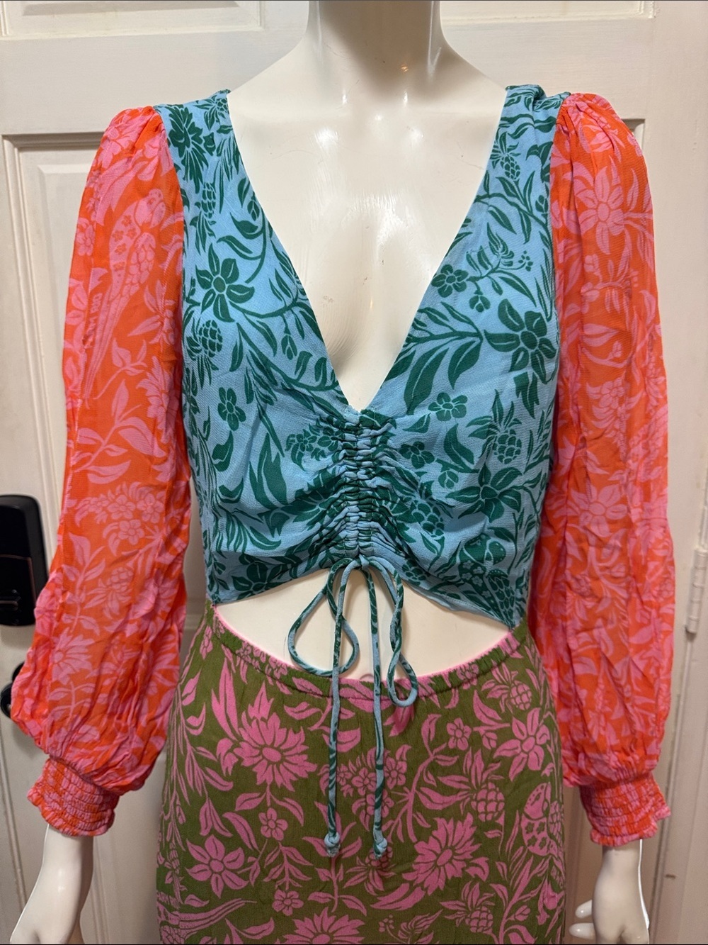 Farm Rio Cutout Maxi Dress Colorblock Floral Maxi Dress with Tie Front S Medium - Picture 4 of 15
